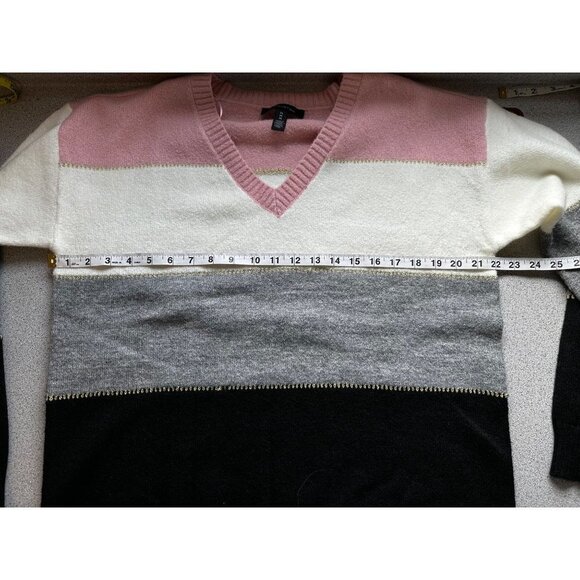Halston Women Colorblock Stripe V-Neck Pullover Sweater Size Medium Gold Shimmer - Picture 6 of 7